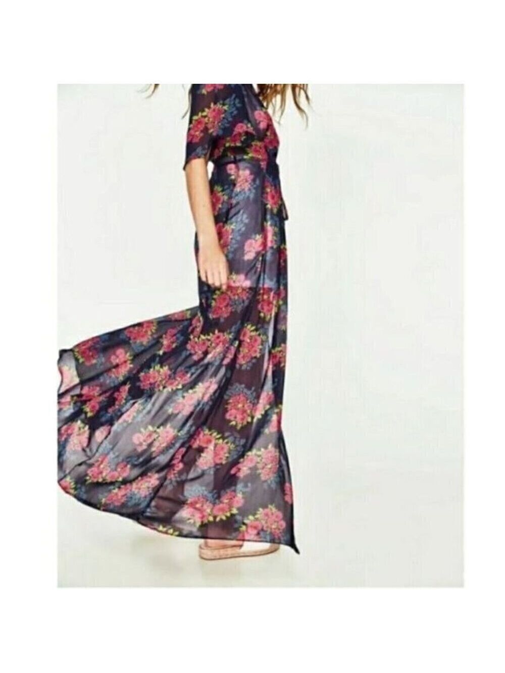 Zara Blue Maxi Wrap Dress Sheer Floral Chiffon V-Neck Short Flutter Sleeve S - Picture 5 of 15